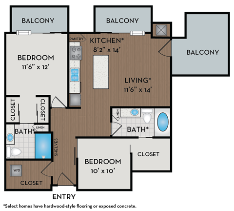 A floor plan of a home with two bedrooms, a living room, a kitchen, two bathrooms, and two closets.